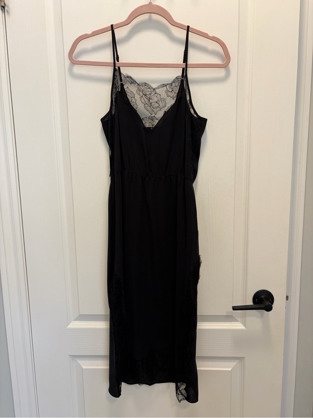 Fleur du Mal Black 100% Silk Rose Lace Midi Slip Dress Sz XS